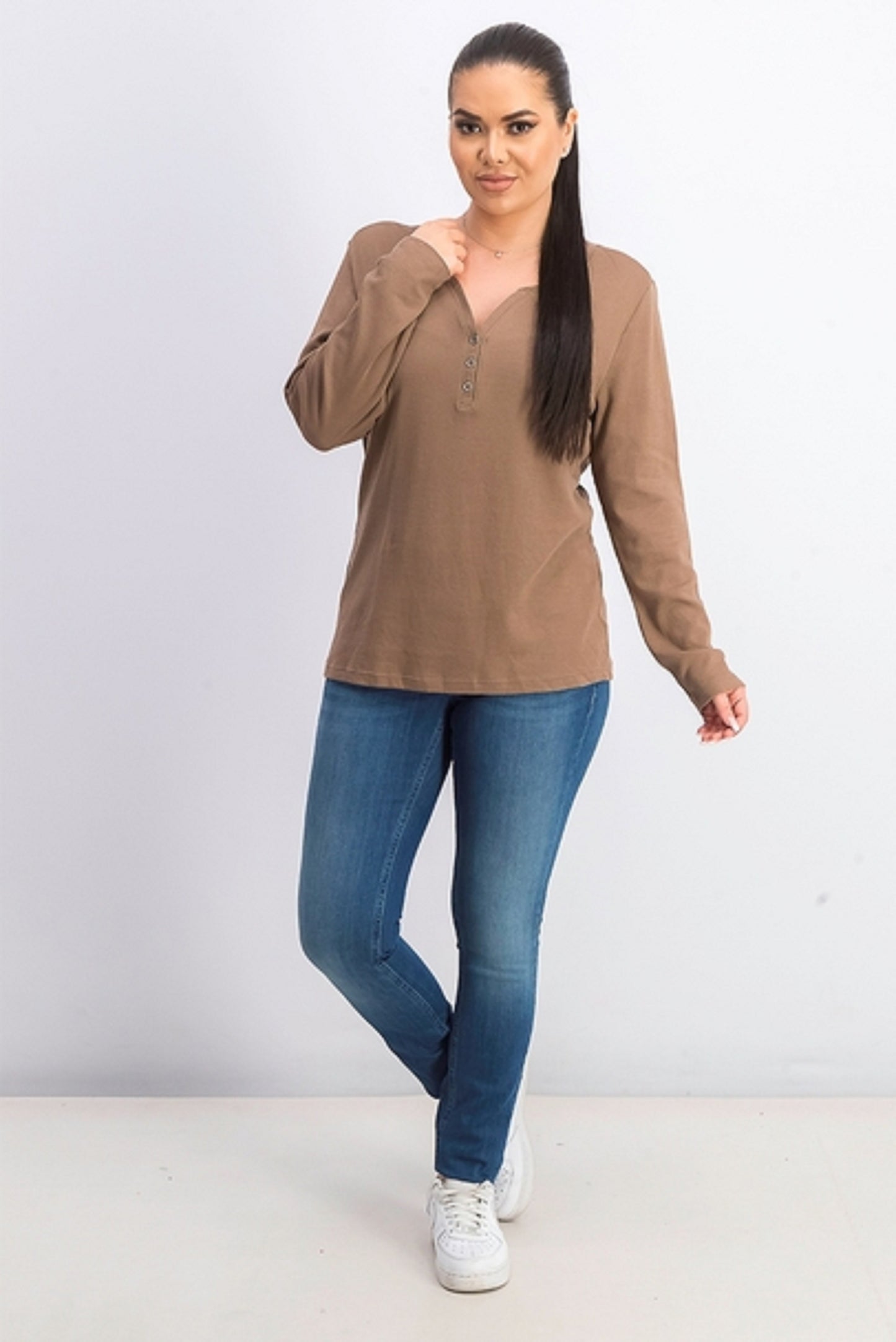 Karen Scott Women's Cotton Henley Top Beigekhaki Size Small