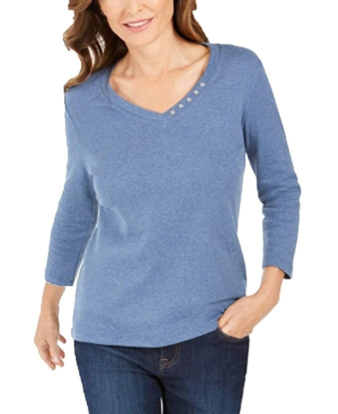 Karen Scott Women's Cotton V-Neck Button-Trim Top Blue Size Large
