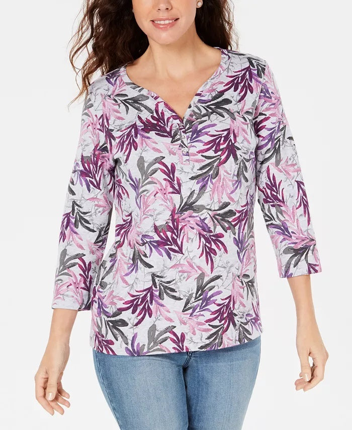 Karen Scott Women's Printed Henley Red Size Petite Small