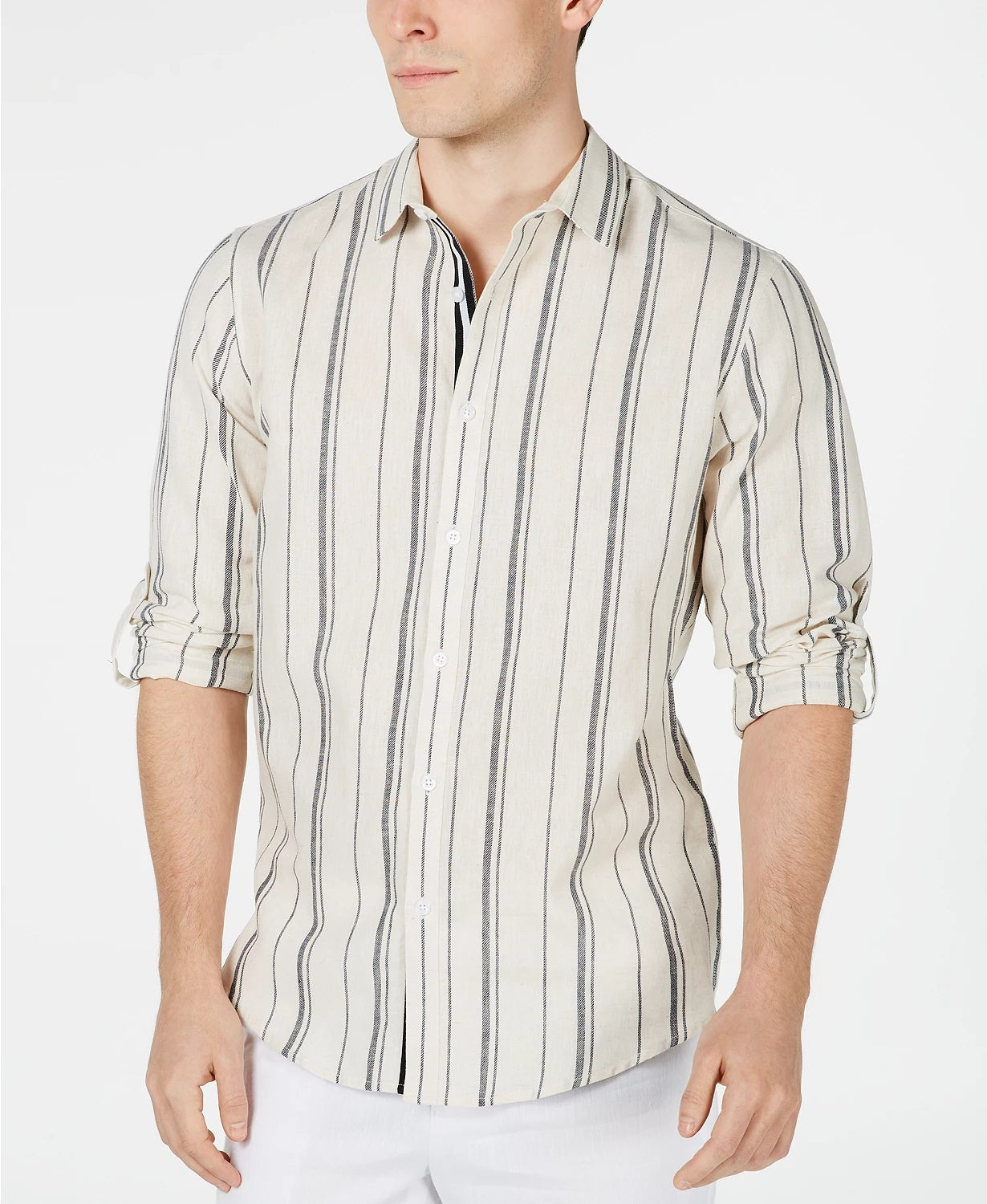 INC International Concepts Men's Francis Striped Button-Down Shirt  Beigekhaki Size Extra Small