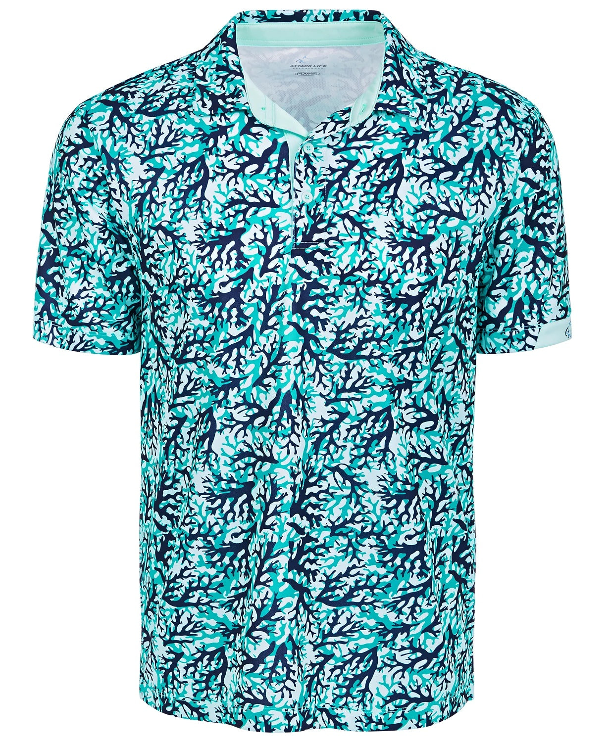 Attack Life By Greg Norman Men's All Over Print Coral Polo Shirt Blue Size Medium