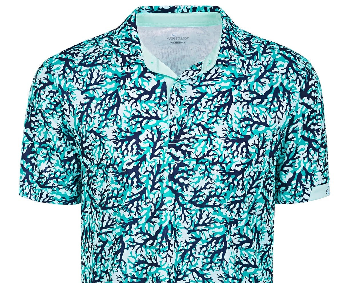 Attack Life By Greg Norman Men's All Over Print Coral Polo Shirt Blue Size Medium