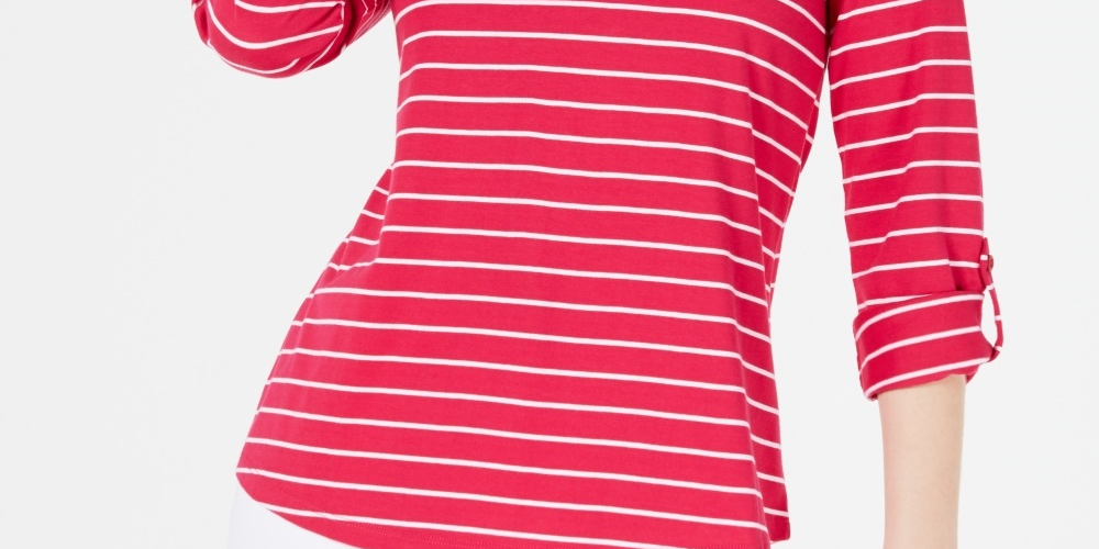 Charter Club Women's Striped Split Neck Top Pink Size Petite Medium
