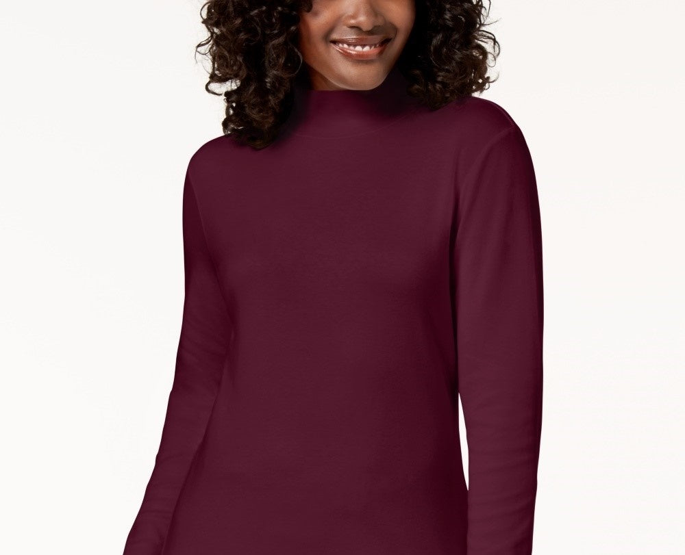 Karen Scott Women's Petite Long-Sleeve Mock-Neck Cotton Top Red Size PM