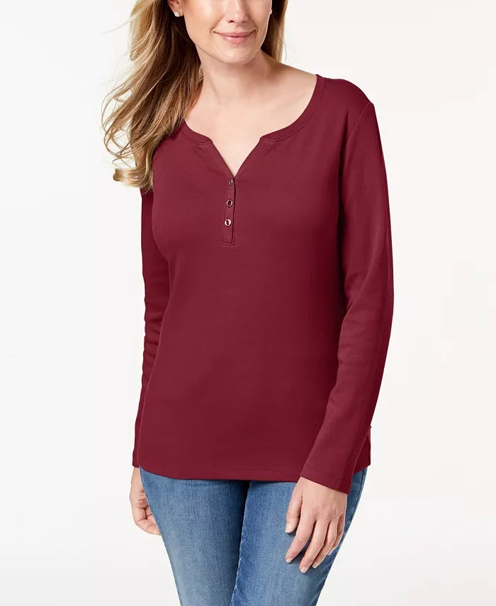 Karen Scott Women's Cotton Henley Top Dark Blue Size Extra Large