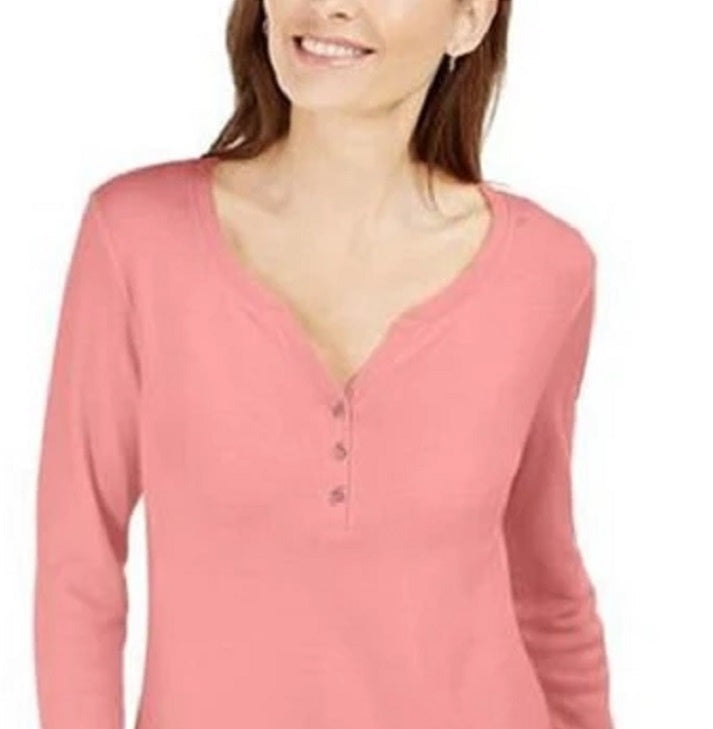 Karen Scott Women's Cotton Henley Top Dark Pink Size Large
