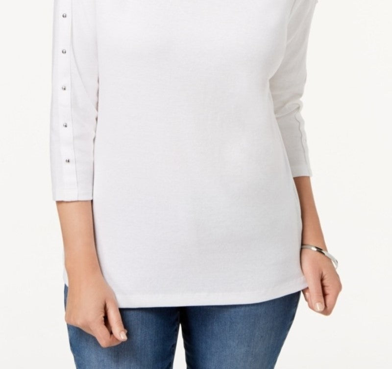 Karen Scott Women's Cotton Boat-Neck Studded Top White Size Extra Large