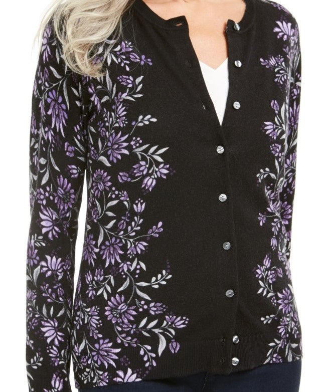Karen Scott Women's Tapestry Print Cardigan  Purple Size Petite Small