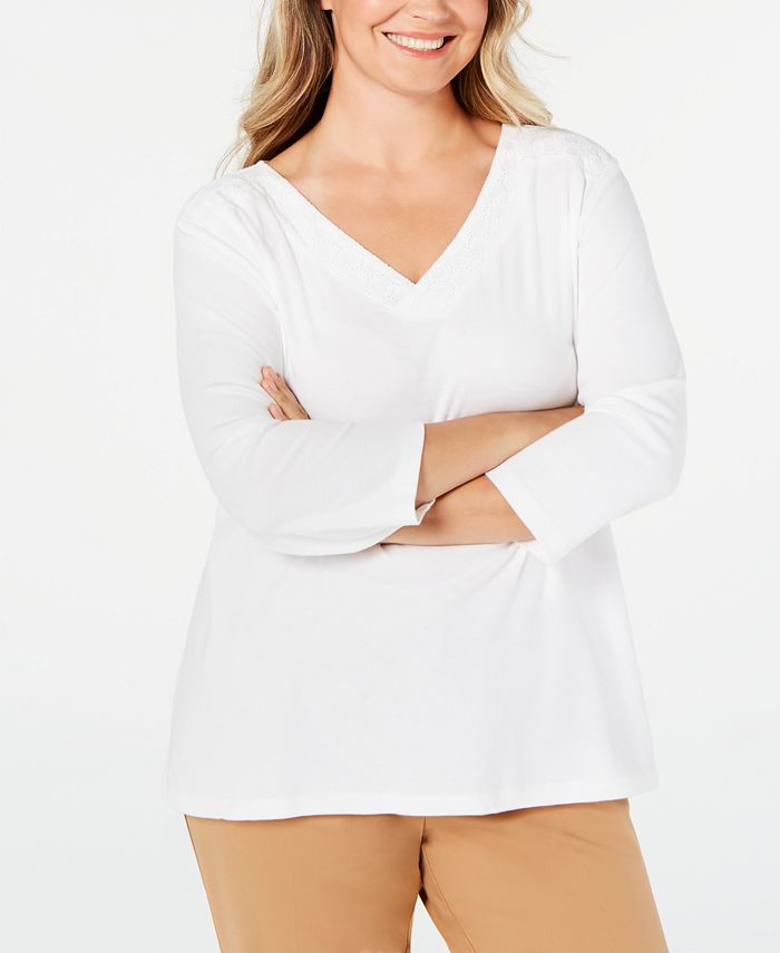 Karen Scott Women's Eyelet-Trim Top White Size Extra Large