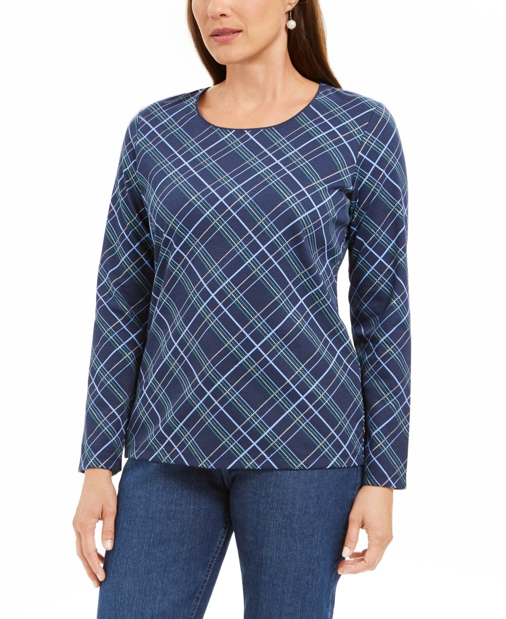 Karen Scott Women's Holly Plaid Embellished Top  Navy Size X-Small