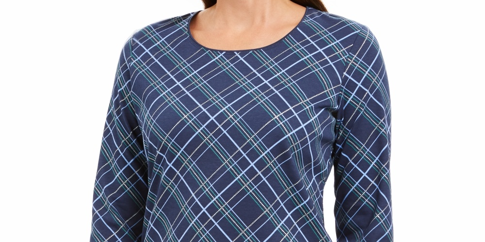 Karen Scott Women's Holly Plaid Embellished Top  Navy Size X-Small
