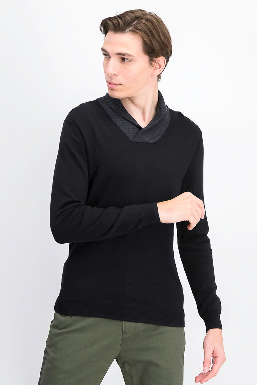Tasso Elba Men's Contrast Shawl-Collar Supima Cotton Sweater Black Size XXX-Large
