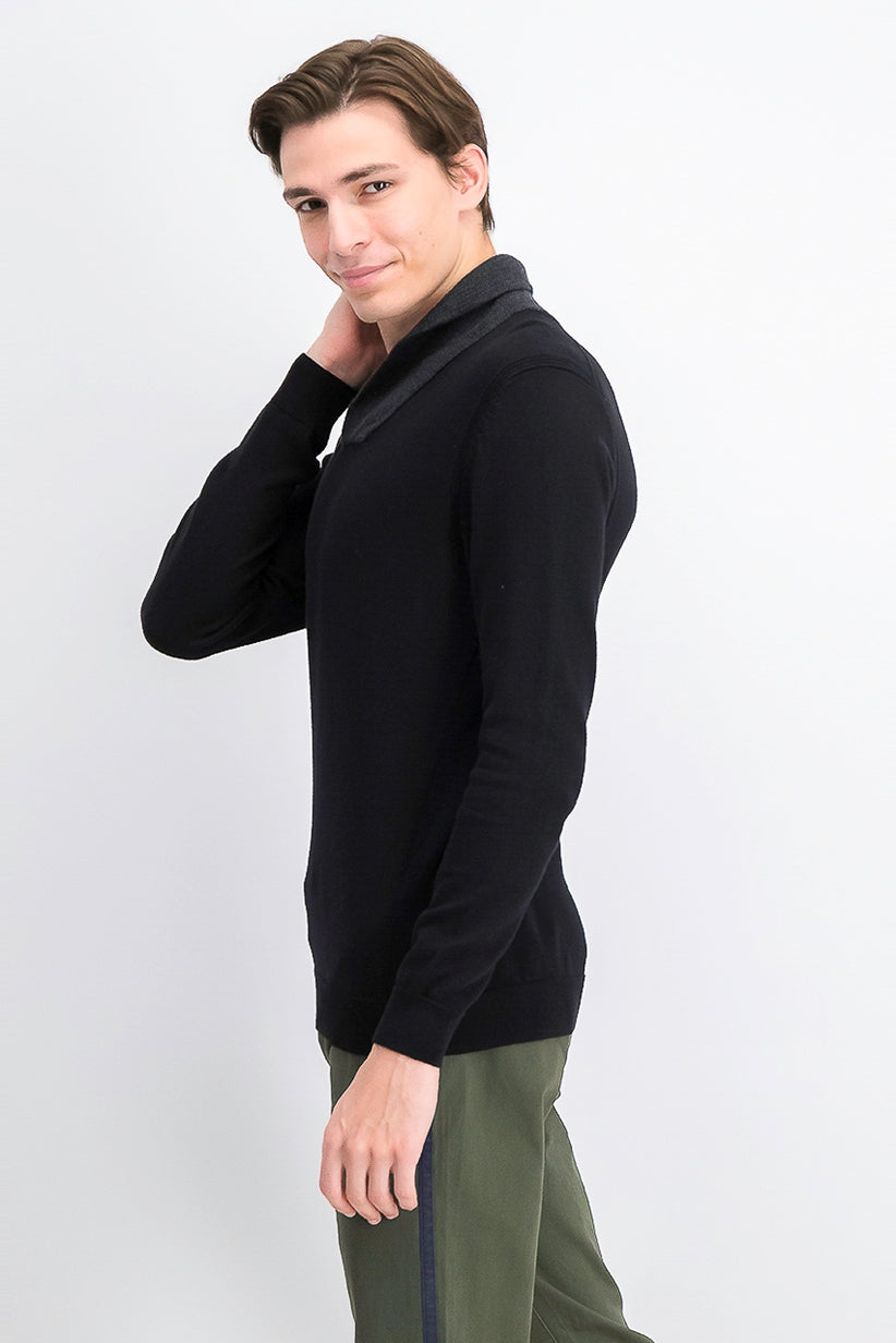 Tasso Elba Men's Contrast Shawl-Collar Supima Cotton Sweater Black Size XXX-Large