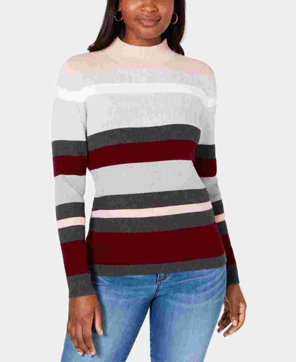 Karen Scott Women's Striped Mock Neck Cotton Sweater Red Size X-Large