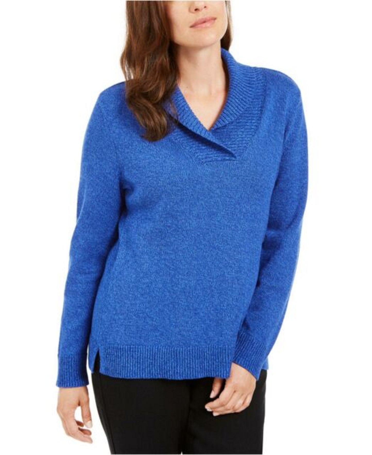 Karen Scott Women's Cotton Marled Shawl-Collar Sweater Blue Size Medium