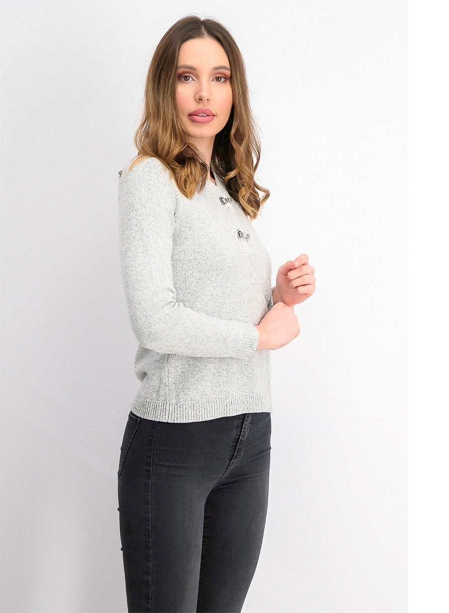 Karen Scott Women's Hardware Trim Cotton Henley Sweater Grey Size Petite Small