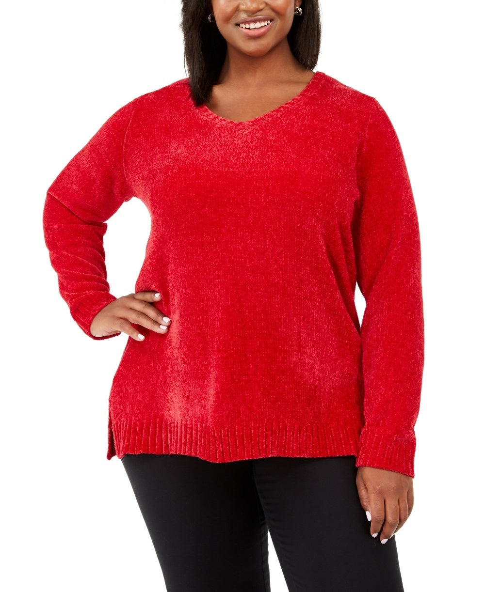 Karen Scott Women's Plus Chenille Pullover V Neck Sweater Red Size 0X
