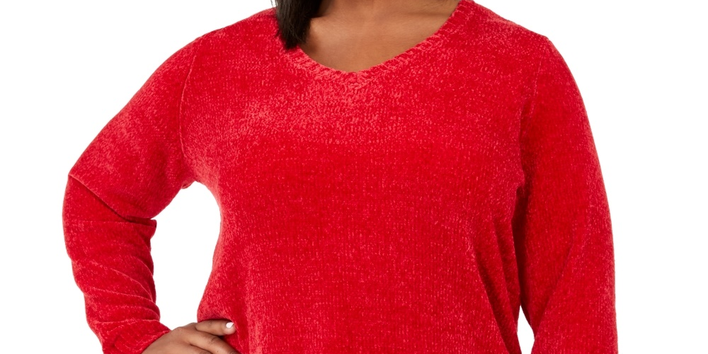 Karen Scott Women's Plus Chenille Pullover V Neck Sweater Red Size 0X