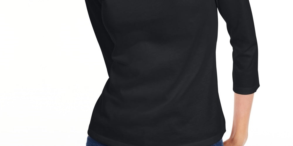 Maison Jules Women's 3/4 Sleeve Solid T-Shirt Black Size Large