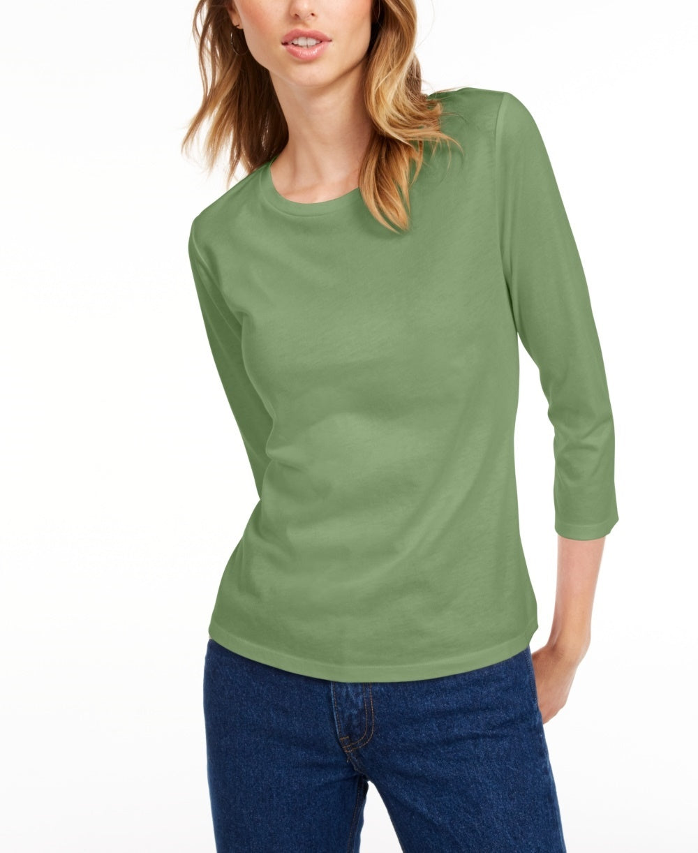 Maison Jules Women's 3/4 Sleeve Solid T-Shirt Green Size Small