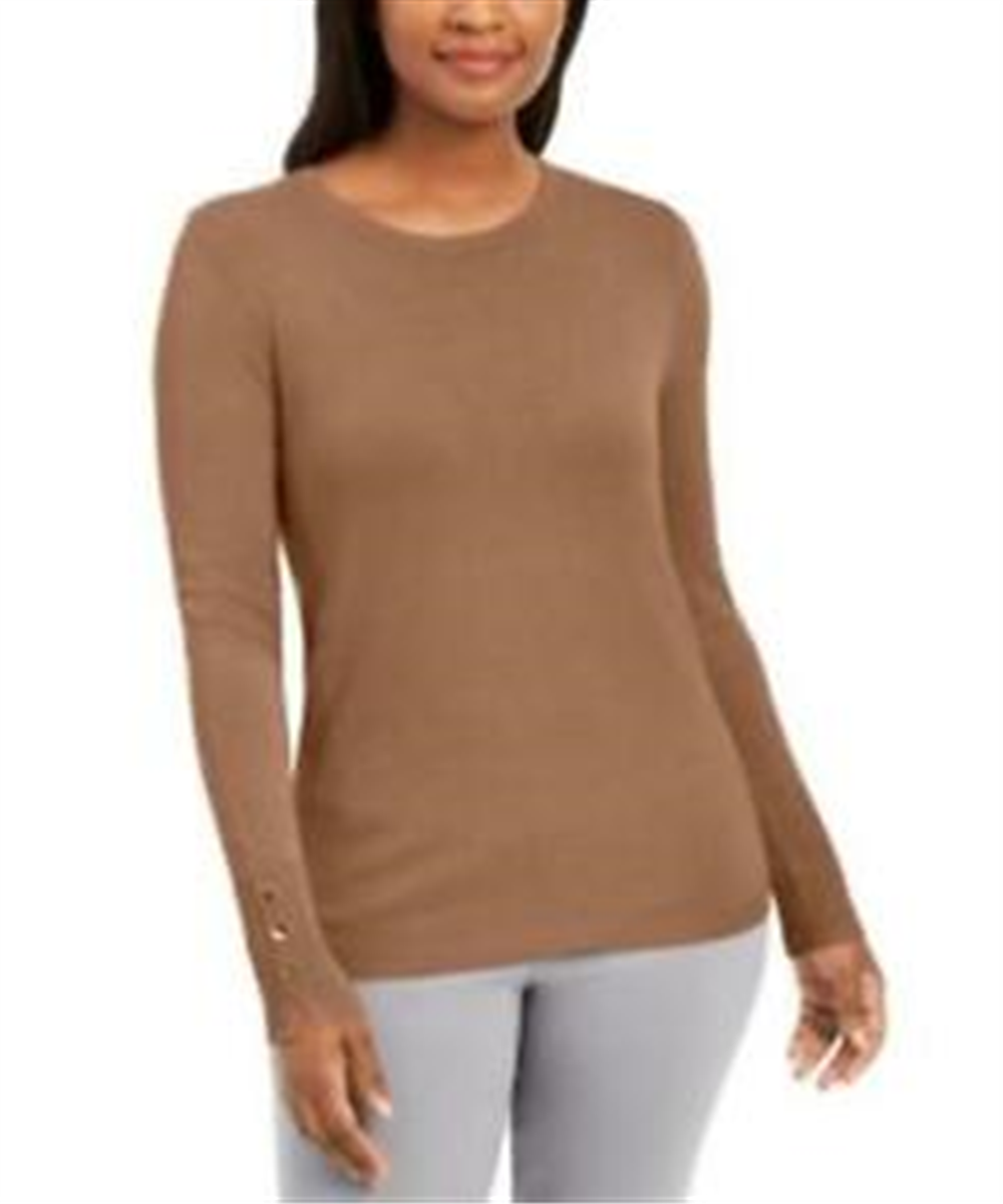 JM Collection Women's Button Cuff Crewneck Sweater Brown Size Large