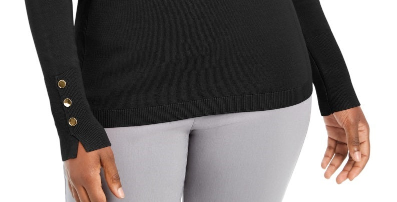 JM Collection Women's Button Cuff Crewneck Sweater Black Size Petite Large