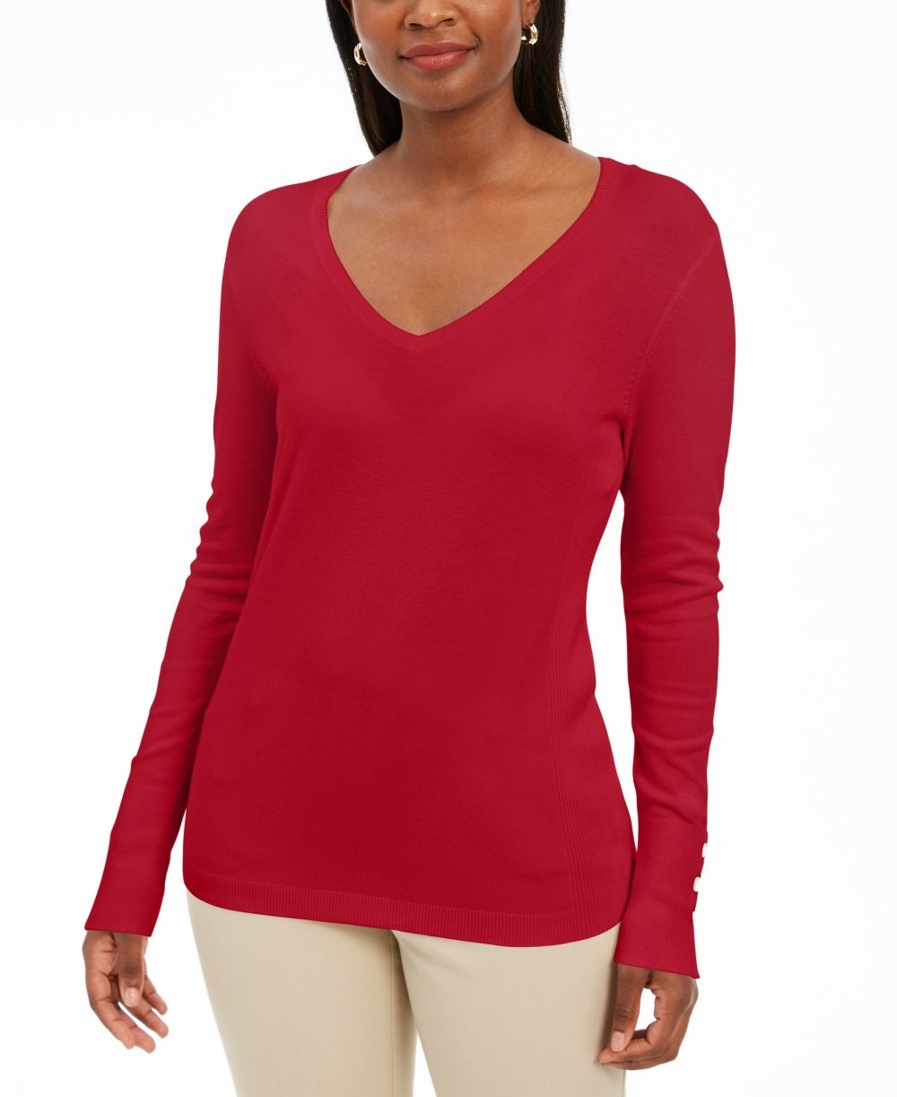 JM Collection Women's Embellished Sleeve V Neck Sweater Red Size Small