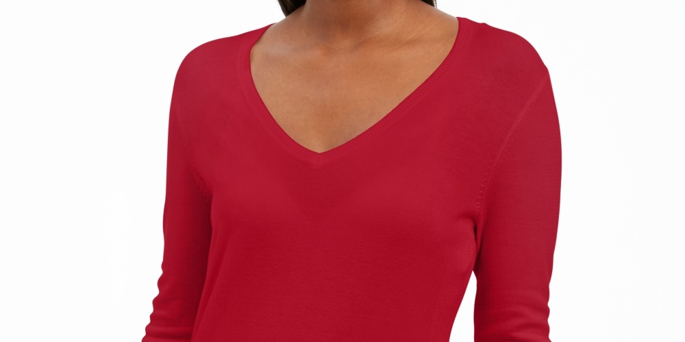 JM Collection Women's Embellished Sleeve V Neck Sweater Red Size Small