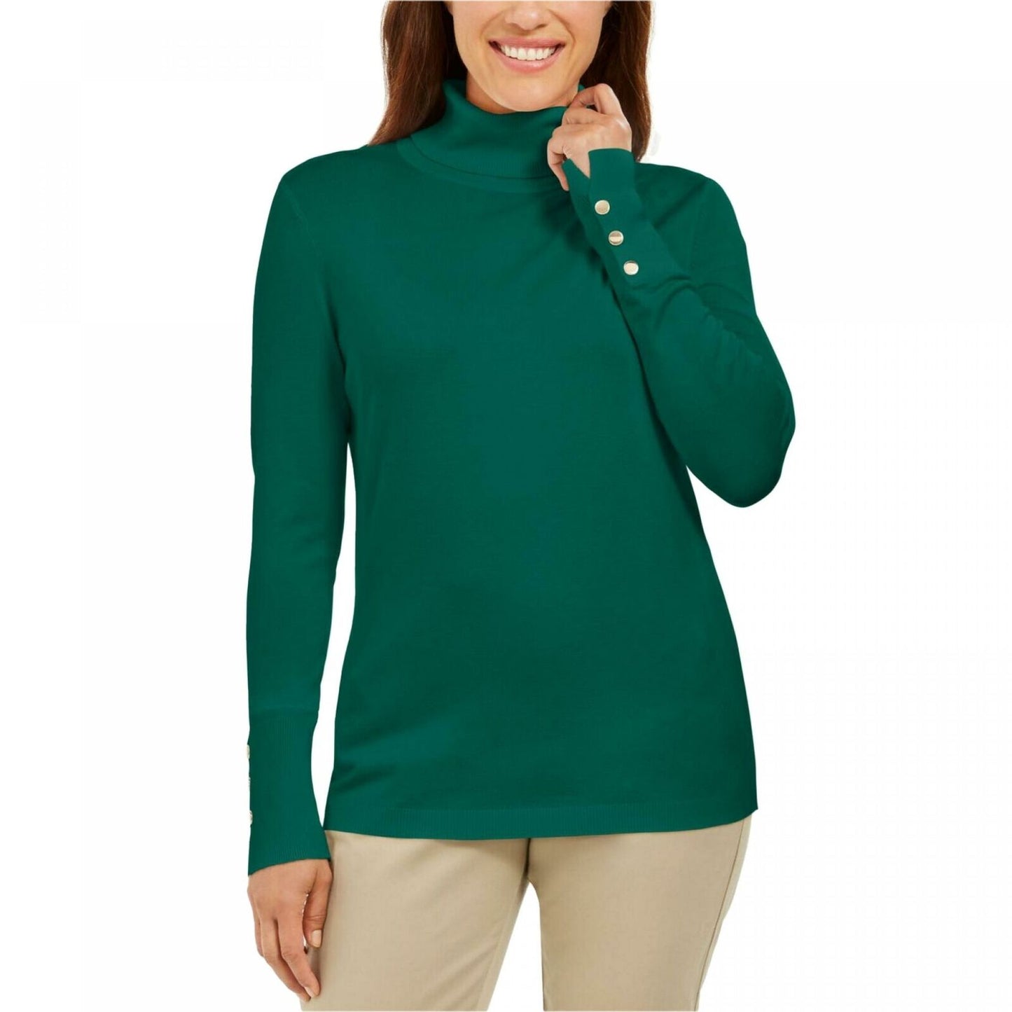 JM Collection Women's Stud Sleeve Pullover Turtleneck Sweater Green Size Large