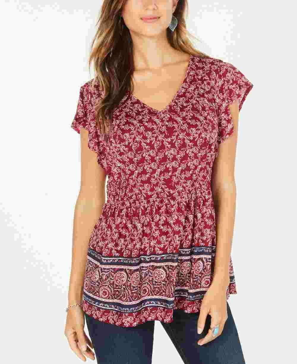 Style & Co Women's Smocked Side Flutter Sleeve Top Red Size XX-Large