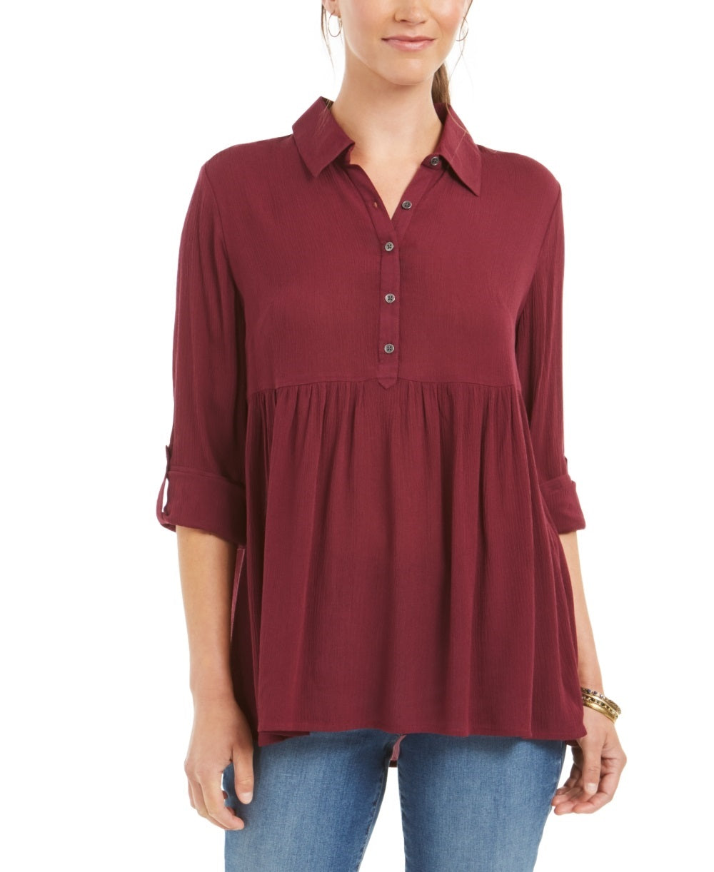 Style & Co Women's Roll Sleeve Oversized Shirt Red Size Large
