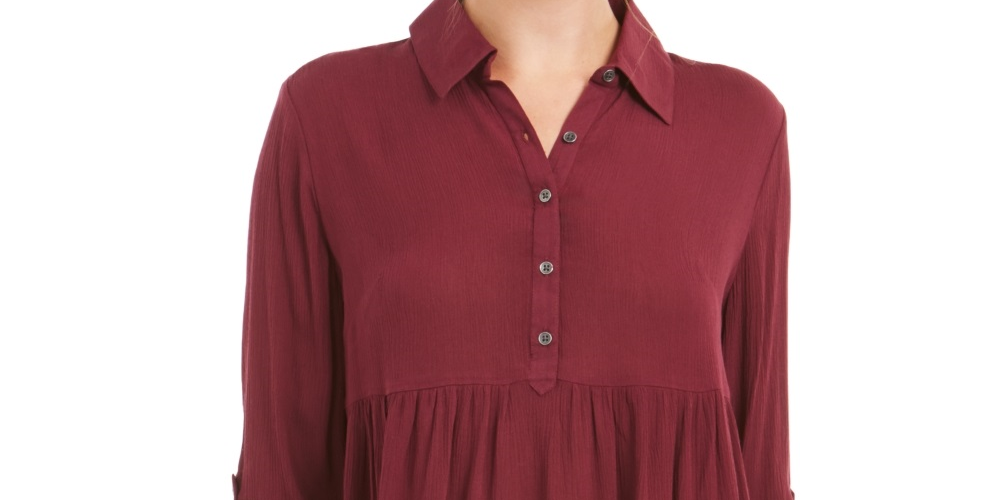 Style & Co Women's Roll Sleeve Oversized Shirt Red Size Large