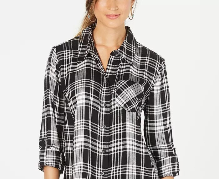 Style & Co Women's Plaid One-Pocket Shirt Black Size Medium