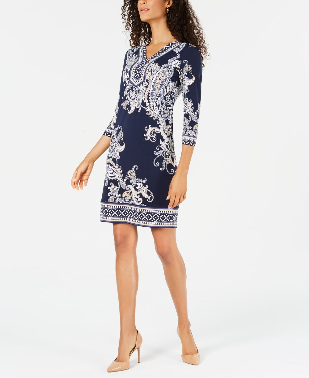 JM Collection Women's Printed Studded Dress Navy Size Medium