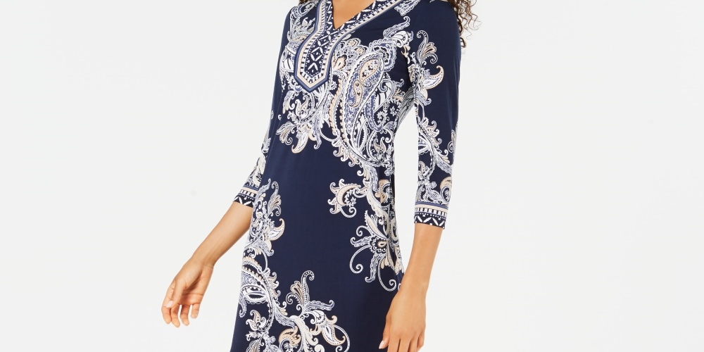 JM Collection Women's Printed Studded Dress Navy Size Medium