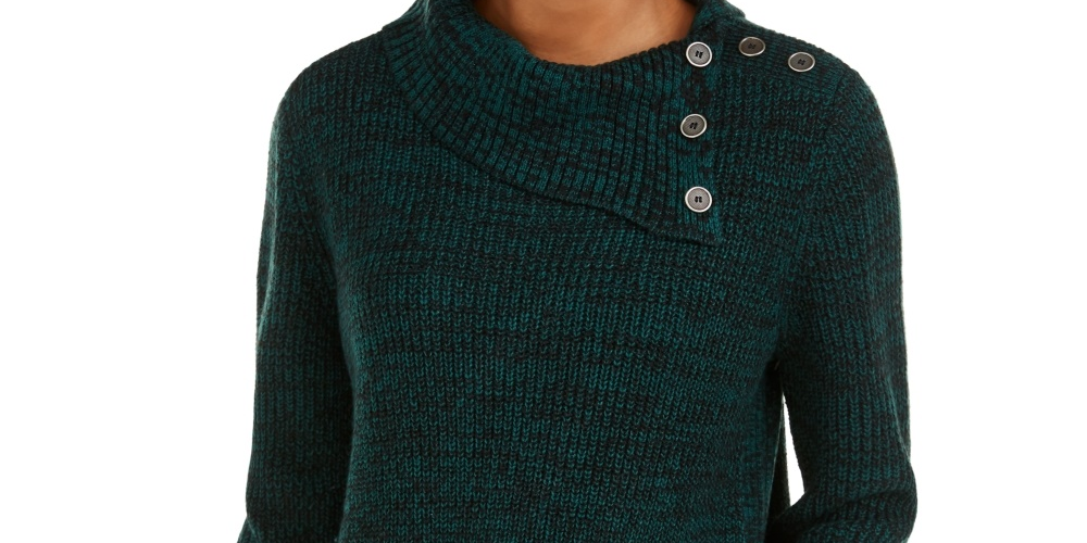 Style & Co Women's Envelope Neck Sweater Green Size Petite Medium