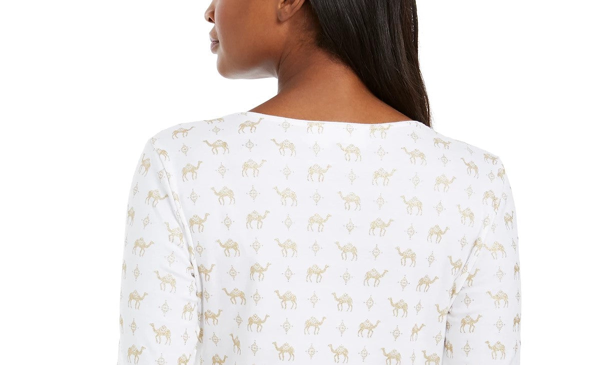 Karen Scott Women's Shimmer Camel Print Top White Size Large