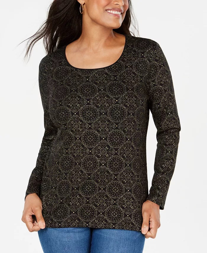 Karen Scott Women's Shimmer Medallion Top Black Size Medium