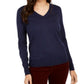 Charter Club Women's Merino Wool Button Cuff V Neck Sweater Blue Size Large