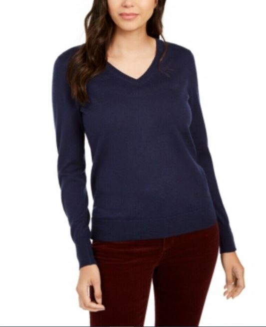 Charter Club Women's Merino Wool Button Cuff V Neck Sweater Blue Size Large