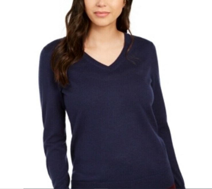 Charter Club Women's Merino Wool Button Cuff V Neck Sweater Blue Size Large