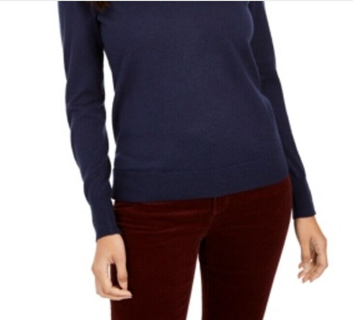 Charter Club Women's Merino Wool Button Cuff V Neck Sweater Blue Size Large