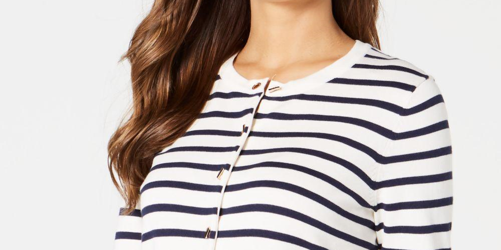 Charter Club Women's Striped Grommet-Trim Cardigan Sweater White Size XX Large