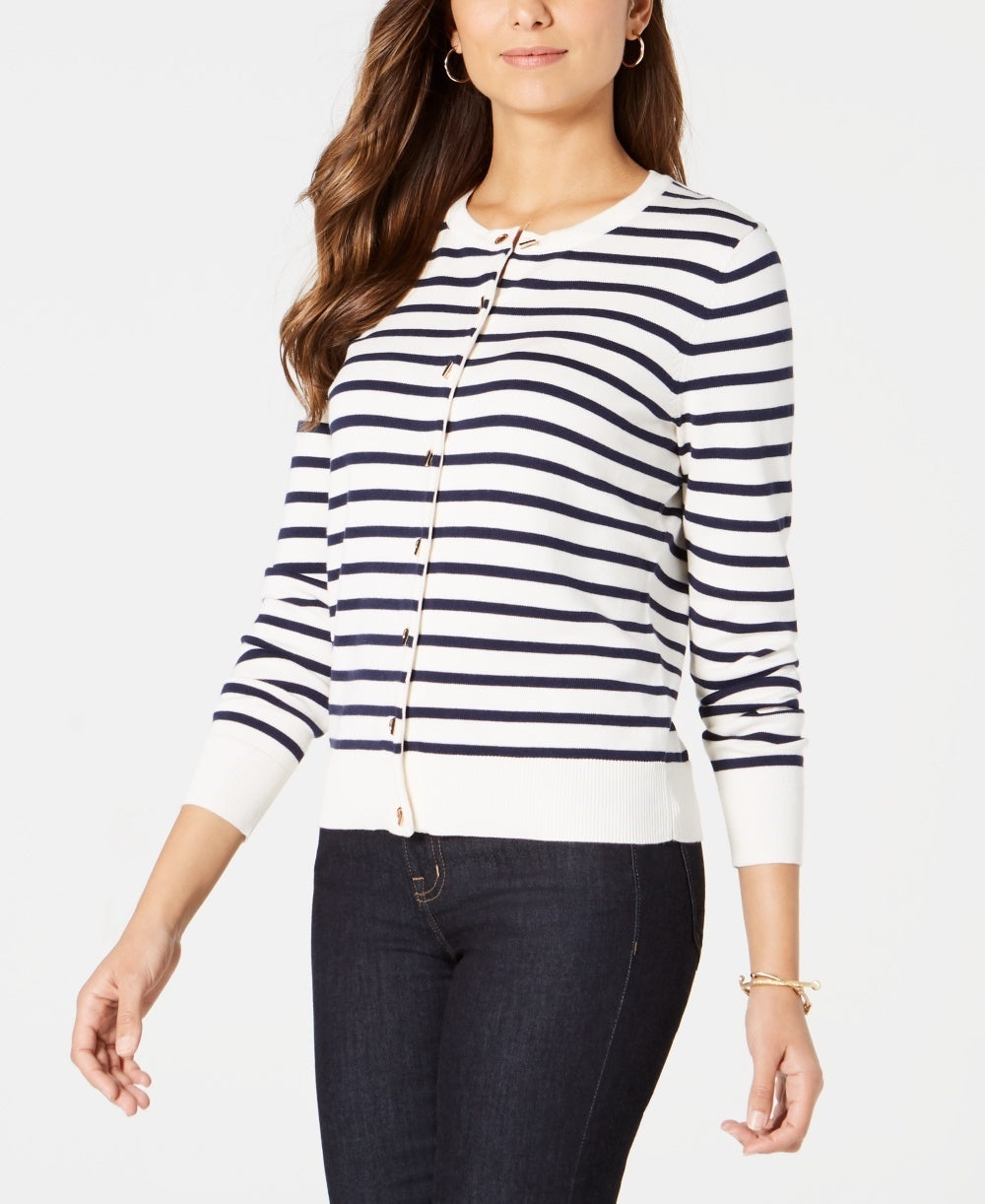 Charter Club Women's Striped Toggle Closure Cardigan White Size Petite Small