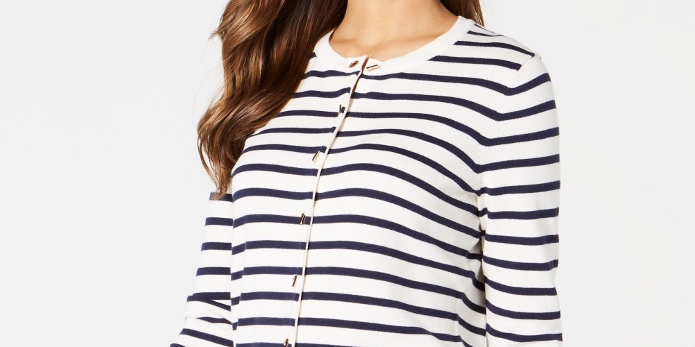 Charter Club Women's Striped Toggle Closure Cardigan White Size Petite Small