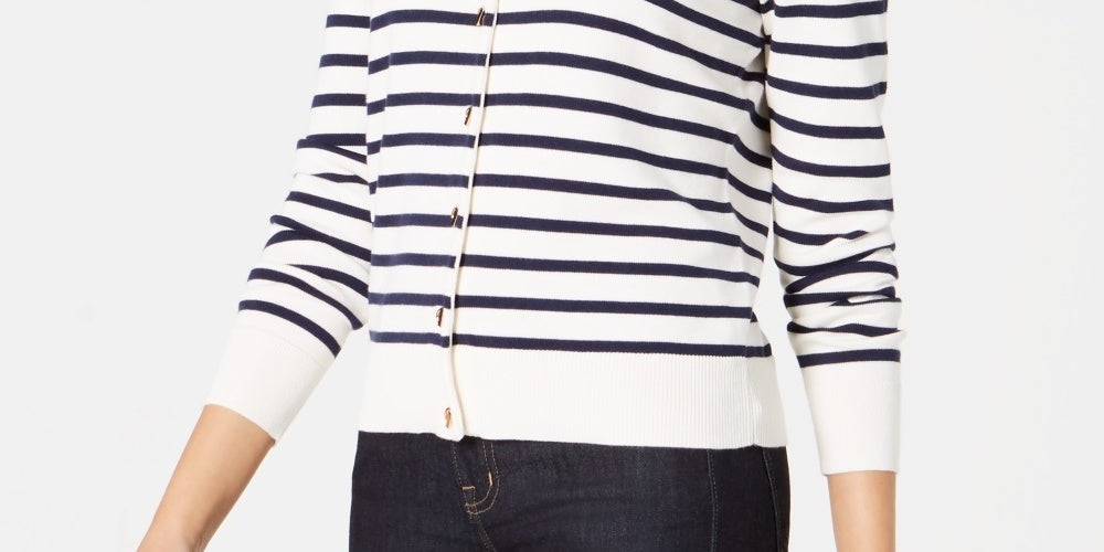 Charter Club Women's Striped Toggle Closure Cardigan White Size Petite Small