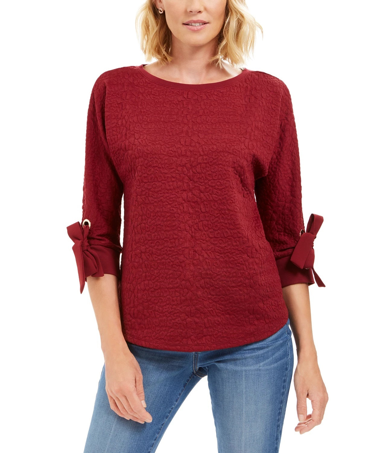 Charter Club Women's Textured Tie-Cuff Top Wine Size Medium