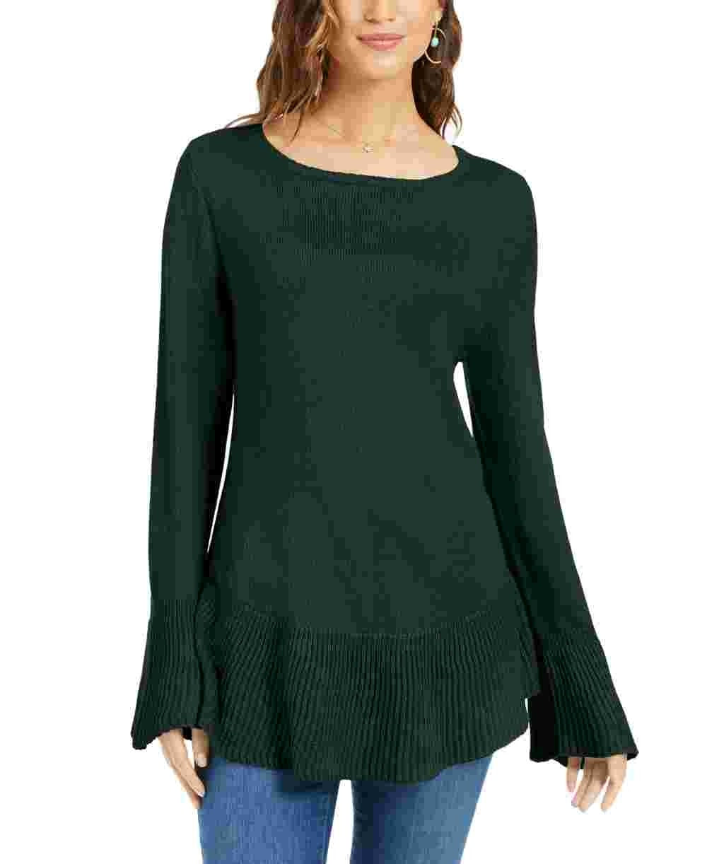 Style & Co Women's Ruffle Hem Knit Sweater Green Size Small