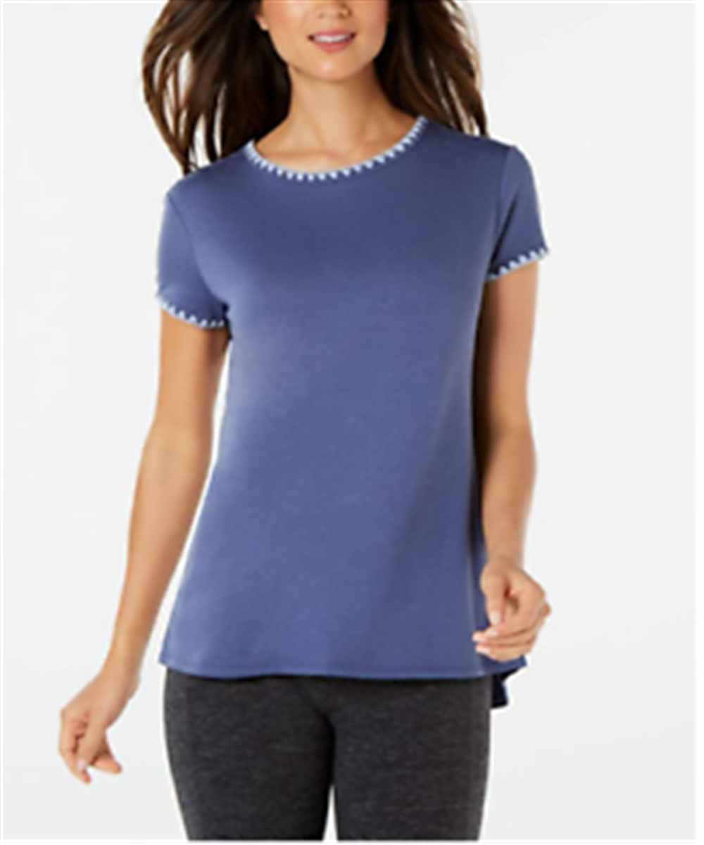 Ideology Women's Blanket Stitch Drop Hem T-Shirt Blue Size Small