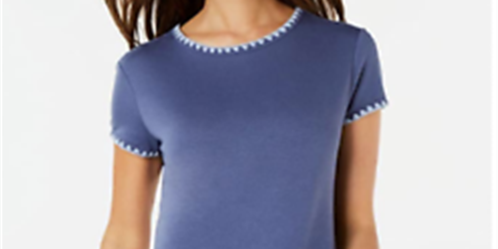 Ideology Women's Blanket Stitch Drop Hem T-Shirt Blue Size Small